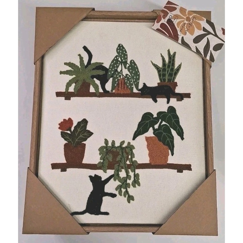 BP Home Embroidered Art Botanical/Plants on Shelves w/Cats appox 12x15 inches